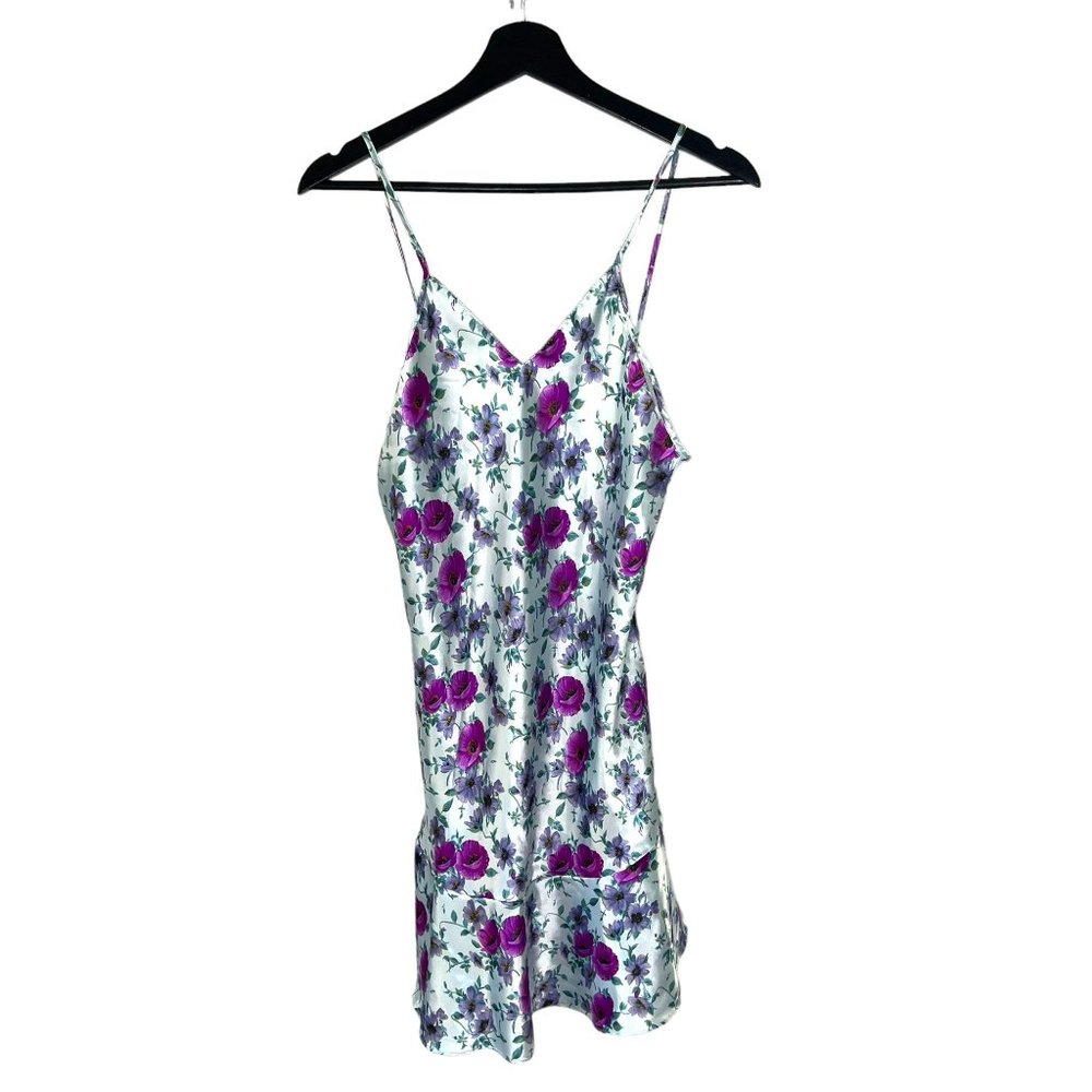 Vintage 90s Blue Purple Floral Satin Sleeveless Spaghetti Strap Short Nightgown